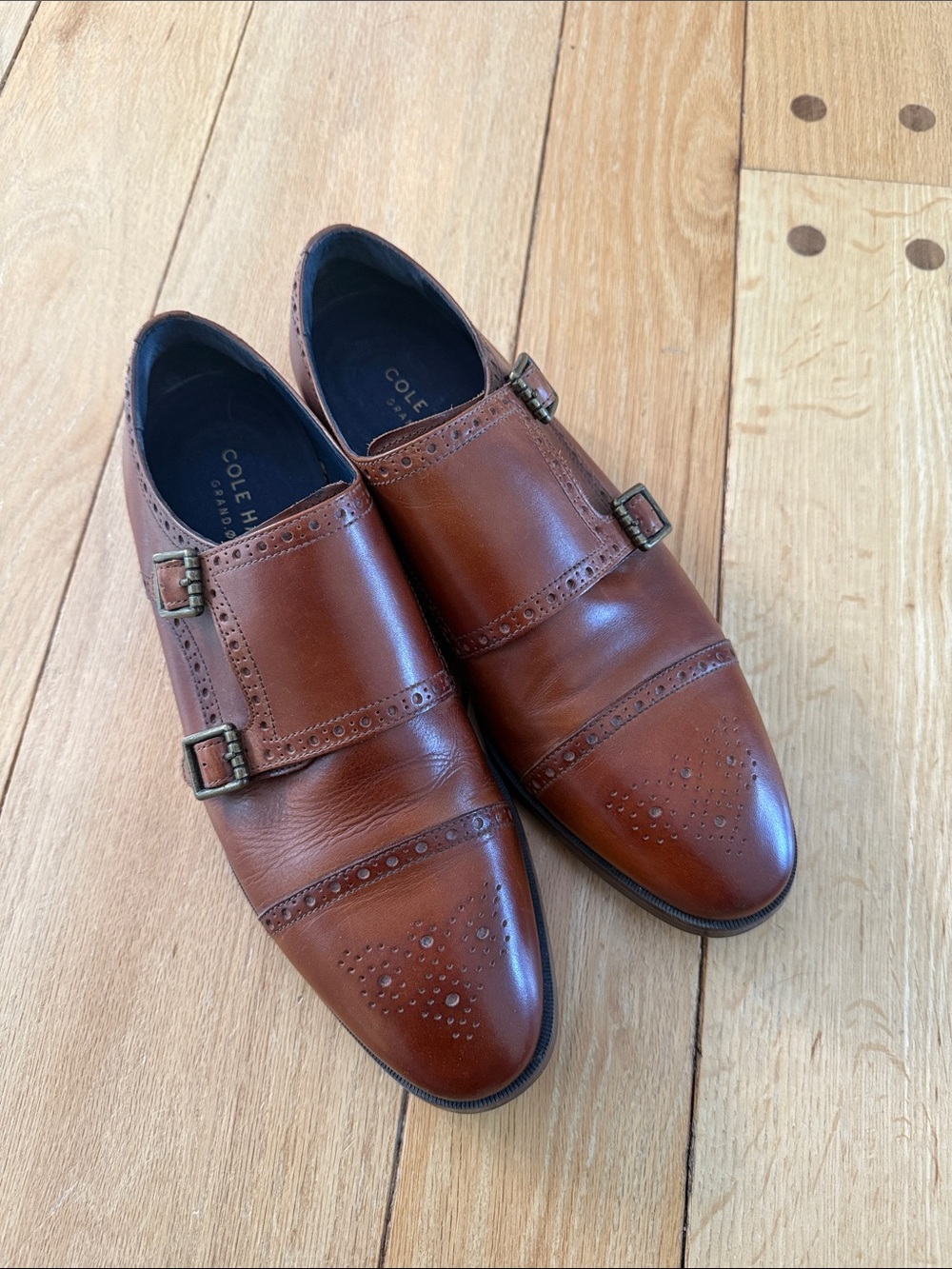 Cole Haan Men's Tan Brown Leather Double Monk Strap Dress Shoes